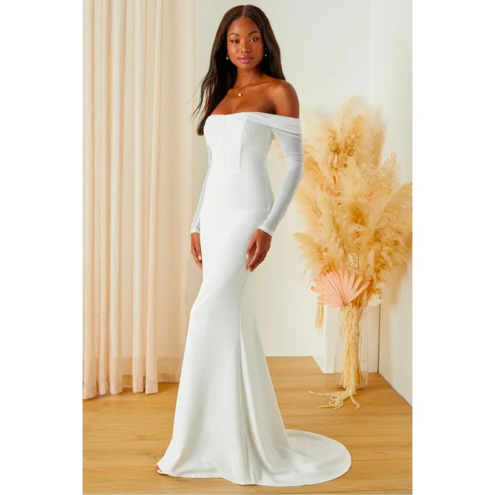 Forever Remarkable White Bustier Off-the-Shoulder Maxi Corset Sheer Gown Size L